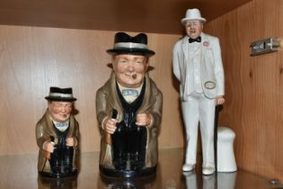 TWO ROYAL DOULTON WINSTON CHURCHILL TOBY JUGS AND A ROYAL DOULTON SIR WINSTON CHURCHILL FIGURE,