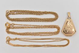 THREE YELLOW METAL CHAINS AND A LOCKET, the first rope twist chain with spring clasp, hallmarked 9ct