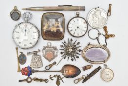 ASSORTED ITEMS, to include a silver guilloche enamel pill box with chain handle, hallmarked