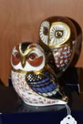 TWO BOXED ROYAL CROWN DERBY 21st ANNIVERSARY PAPERWEIGHTS, comprising 'Barn Owl' and 'Tawny Owl',