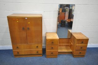 A 20TH CENTURY OAK TWO PIECE BEDROOM SUITE, comprising a tallboy with two cupboard doors, above