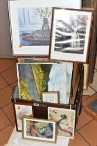 A BOX AND LOOSE PAINTINGS AND PRINTS, to include amateur oils on board, a watercolour depicting