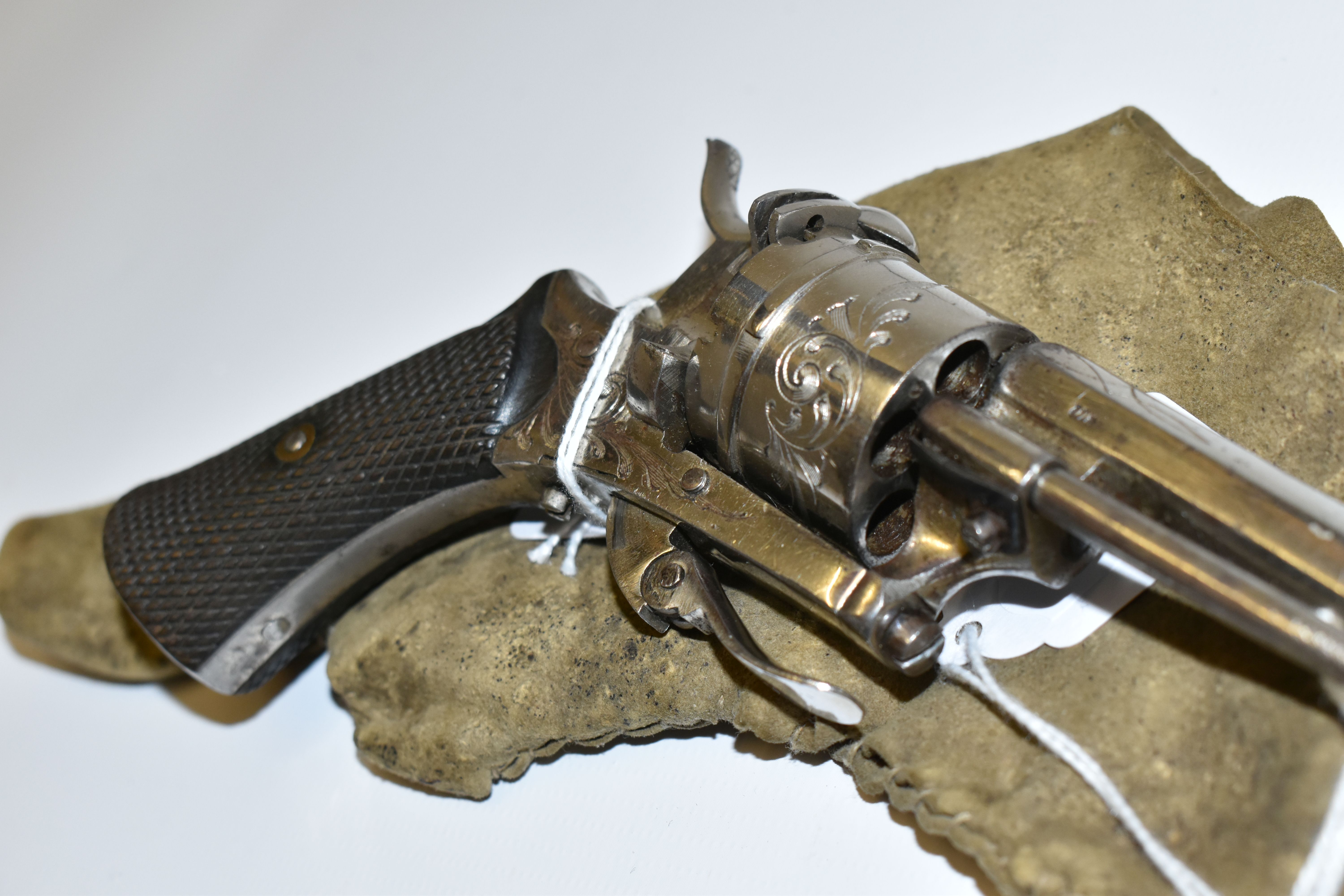 AN ANTIQUE NICKEL PLATED 7MM PINFIRE REVOLVER, bearing Belgian proof marks fitted with a 3 6/8'' - Image 5 of 8
