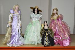 FOUR PORCELAIN COLLECTOR'S DOLLS, Franklin Heirloom Dolls supported by stands, comprising Rapunzel