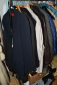 TWO BOXES AND A GROUP OF GENTLEMEN'S CLOTHING AND ACCESSORIES, to include a navy blue 'Hugo Boss'