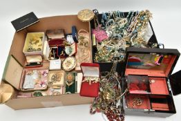 A BOX OF ASSORTED COSTUME JEWELLERY AND ITEMS, to include a box of beaded necklaces, brooches,