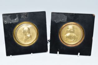 A PAIR OF 19TH CENTURY CIRCULAR GILT METAL PLAQUES OF REV. JOHN WESLEY 1703-1791 AND REV. CHARLES