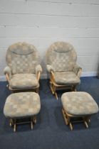 A PAIR OF BEECH FRAMED DUTAILIER ROCKING CHAIRS, with a rocking locking mechanism, a pair of rocking