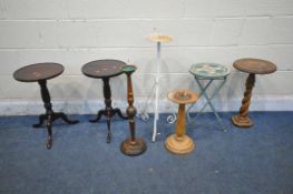 A VARIETY OF STANDS, to include a pair of mahogany tripod stands, a metal folding stand, a white