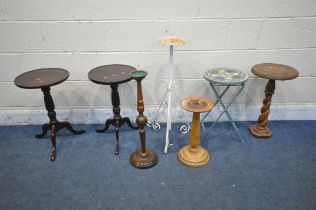 A VARIETY OF STANDS, to include a pair of mahogany tripod stands, a metal folding stand, a white