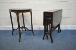 AN EDWARDIAN MAHOGANY AND INLAID OVAL OCCASIONAL TABLE, with on shaped legs, united by a