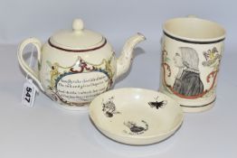 THREE PIECES OF LATE 18TH CENTURY CREAMWARE PRINTED AND PAINTED TO COMMEMORATE REVEREND JOHN WESLEY,