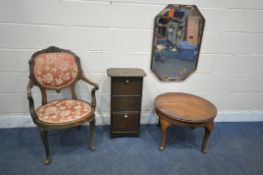 A SELECTION OF OCCASIONAL FURNITURE, to include a French mahogany armchair, with foliate crest and