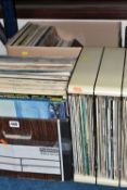 TWO BOXES AND A STAND OF RECORDS WITH A RECORD CASE, over one hundred and fifty mostly classical and