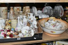 THREE BOXES OF CERAMICS AND GLASSWARE, to include a quantity of Crown Devon 'Blush Ivory' vases, a