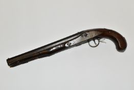 AN ANTIQUE FLINTLOCK PISTOL APPARENTLY IN THE INITIAL STAGES OF CONVERSION TO PERCUSSION, its lock