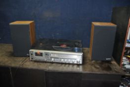A VINTAGE HITACHI SDT-7785 MUSIC CENTRE with a pair of SS-8470G Mk2 speakers, (PAT pass and