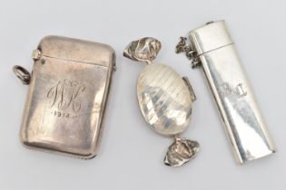A SILVER VESTA CASE, A NEEDLE CASE AND A PILL BOX, polished rectangular vesta case with engraved