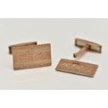 A PAIR OF 9CT GOLD CUFFLINKS, AF rectangular engine turned pattern cufflinks, with toggle