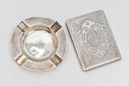 A SILVER ASHTRAY AND A CIGARETTE CASE, circular ashtray, engine turned pattern and engraved