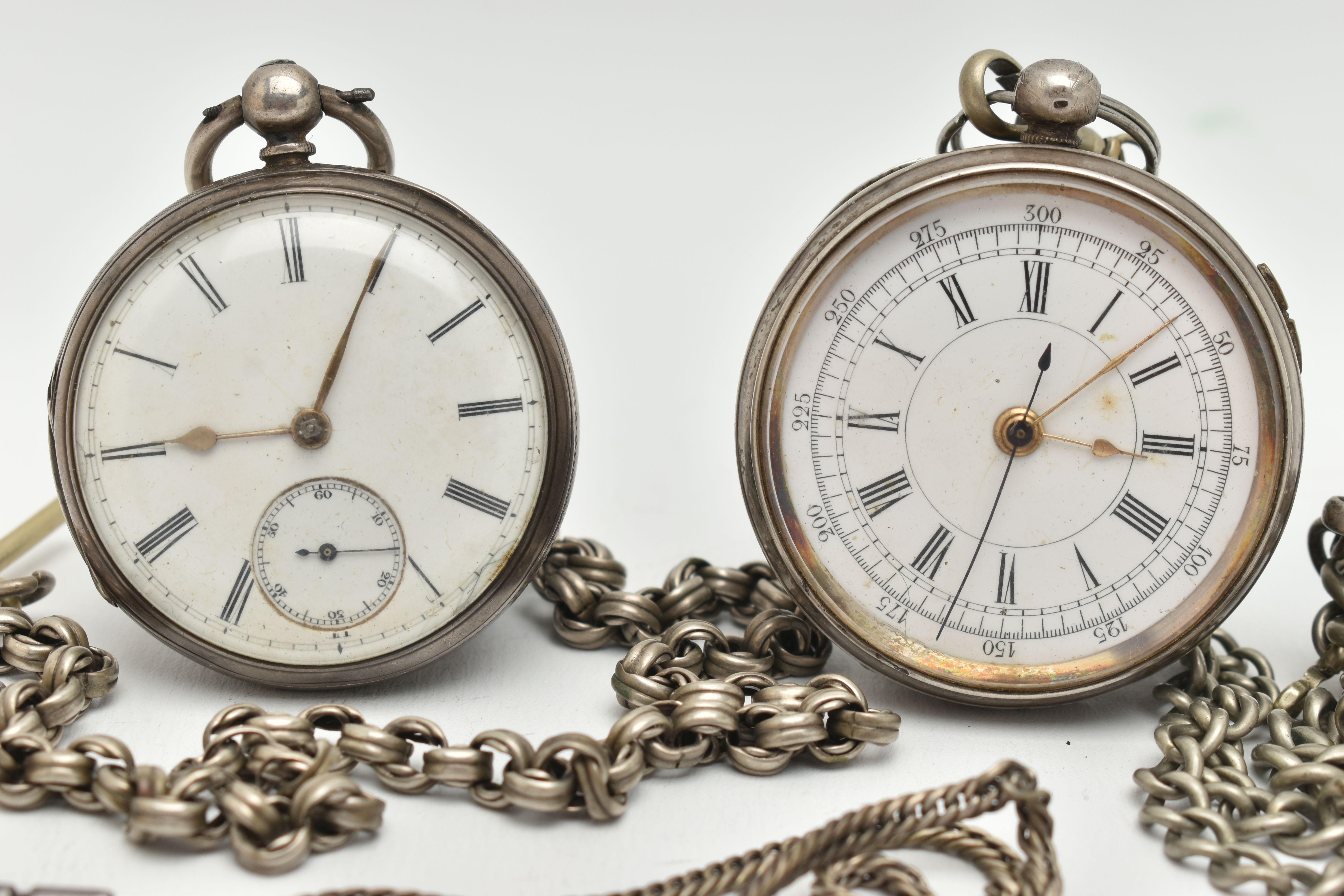 TWO OPEN FACE POCKET WATCHES AND ALBERT CHAINS, the first a silver, key wound pocket watch, round - Image 2 of 6