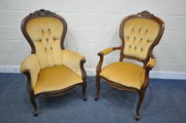 TWO REPRODUCTION VICTORIAN STYLE MAHOGANY ARMCHAIRS, with mustard yellow button back upholstery,