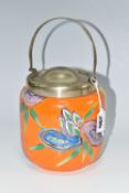 A CLARICE CLIFF CYLINDRICAL BISCUIT BARREL, in Lei pattern, with stylised flowers on an orange