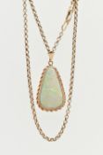 AN OPAL PENDANT AND CHAIN, the triangular opal within a collet and double rope twist surround,
