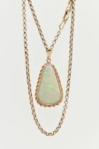 AN OPAL PENDANT AND CHAIN, the triangular opal within a collet and double rope twist surround,