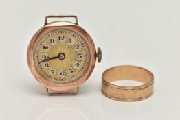 A 9CT YELLOW GOLD RING AND A 1920S 9CT YELLOW GOLD WATCH HEAD (AF), the ring designed as a plain