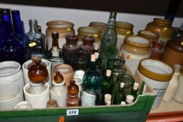 ONE BOX OF VINTAGE GLASS BOTTLES AND STONEWARE FLAGONS, to include four small flagons, eight large