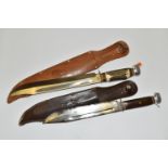 TWO HIGH QUALITY GERMAN HUNTING SHEATH KNIVES IN FITTED LEATHER SHEATHS, each bearing the motif of a