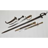FOUR VARIOUS SWORDS AND KNIVES , comprising a poor quality knife with a double edged blade knife