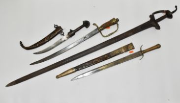 FOUR VARIOUS SWORDS AND KNIVES , comprising a poor quality knife with a double edged blade knife