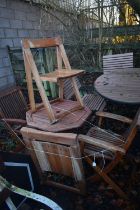 A MODERN TEAK FOLDING OCTAGONAL GARDEN TABLE, diameter 70cm x height 67cm, and a pair of