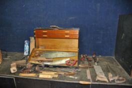 A VINTAGE CARPENTERS TOOLBOX CONTAINING TOOLS with lock and one key including three wooden