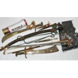 A BOX OF SHOOTING ACCESSORIES, REPLICA SWORDS, ETC, including a gun cleaning kit housed in a