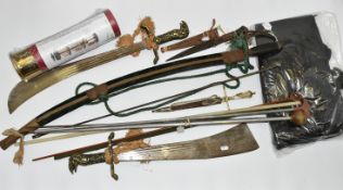 A BOX OF SHOOTING ACCESSORIES, REPLICA SWORDS, ETC, including a gun cleaning kit housed in a