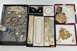 ASSORTED SILVER/WHITE METAL AND COSTUME JEWELLERY, to include a silver hinged bangle with floral