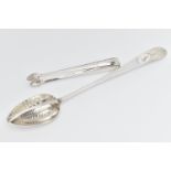 A LATE 18TH CENTURY IRISH SILVER GRAVY STRAINING SPOON AND A PAIR OF SUGAR TONGS WITH MATCHING