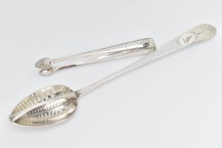 A LATE 18TH CENTURY IRISH SILVER GRAVY STRAINING SPOON AND A PAIR OF SUGAR TONGS WITH MATCHING