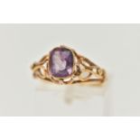 A YELLOW METAL AMETHYST RING, a rectangular cut amethyst collet set with milgrain detail, leading on