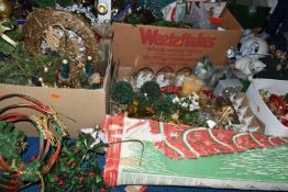 SIX BOXES AND LOOSE ASSORTED CHRISTMAS DECORATIONS ETC, to include tree ornaments, boxed candle