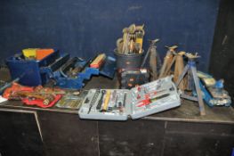 A QUANTITY OF AUTOMOTIVE TOOLS including a trolley jack (no bar) four axle stands, spanners,