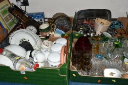 FOUR BOXES OF CERAMICS AND MISCELLANEOUS SUNDRIES, to include a vintage wicker shopping basket,