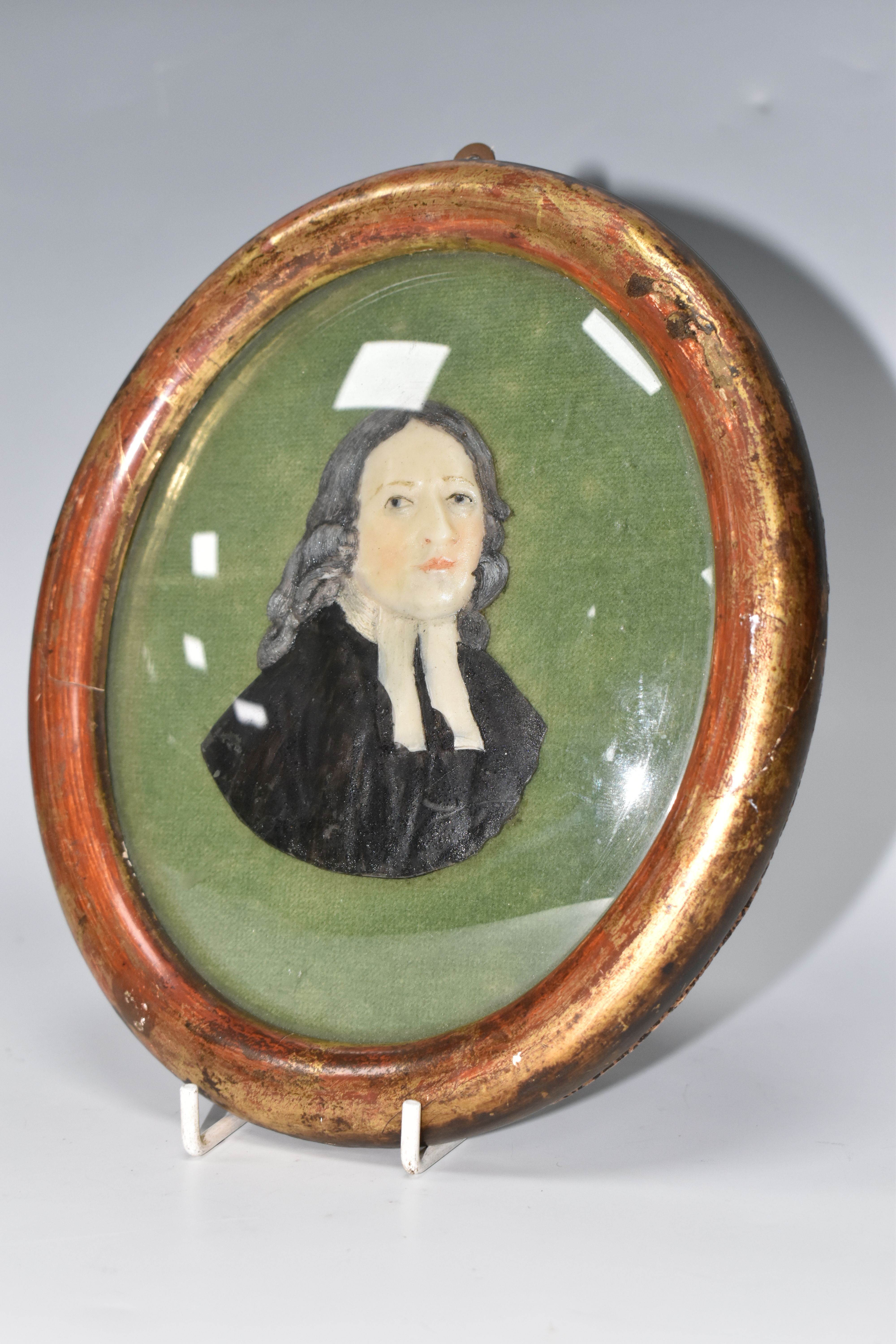 A MOULDED WAX PORTRAIT BUST OF REV. JOHN WESLEY, mounted on green velvet and in an oval gilt - Image 5 of 5