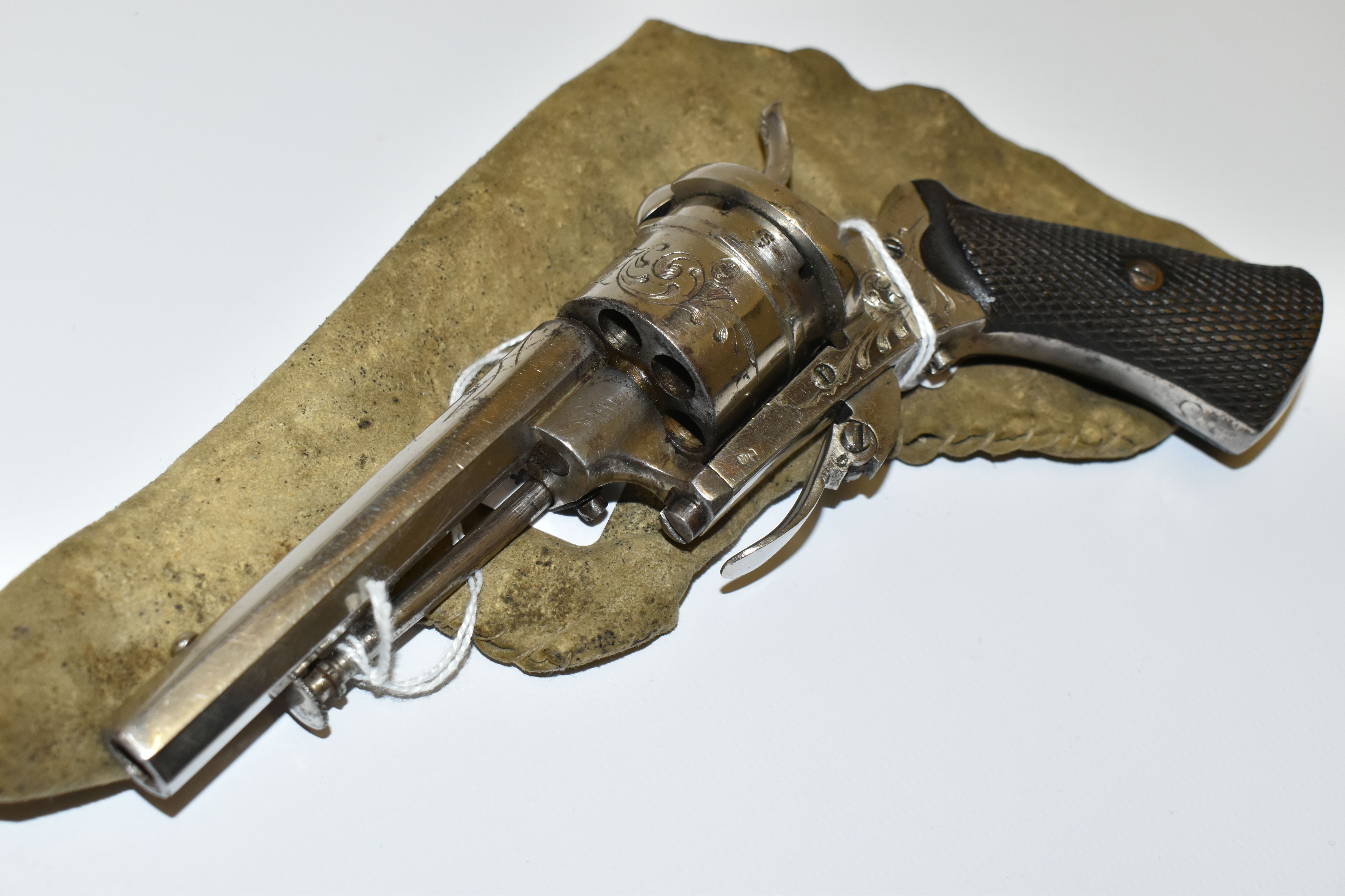 AN ANTIQUE NICKEL PLATED 7MM PINFIRE REVOLVER, bearing Belgian proof marks fitted with a 3 6/8'' - Image 2 of 8