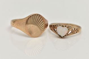 TWO 9CT YELLOW GOLD RINGS, to include a 9ct gold single stone ring set with a heart shaped opal (AF)
