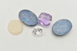 A SMALL ASSORTMENT OF GEMSTONES, five stones in total, to include two opal triplets, a white opal