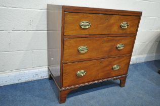 A GEORGIAN MAHOGANY CHEST OF THREE LONG DRAWERS, on bracket feet, width 86cm x depth 50cm x height